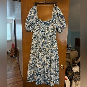 Abercrombie & Fitch Blue Floral Emerson Linen-Blend Puff Sleeve Midi Dress Sz L